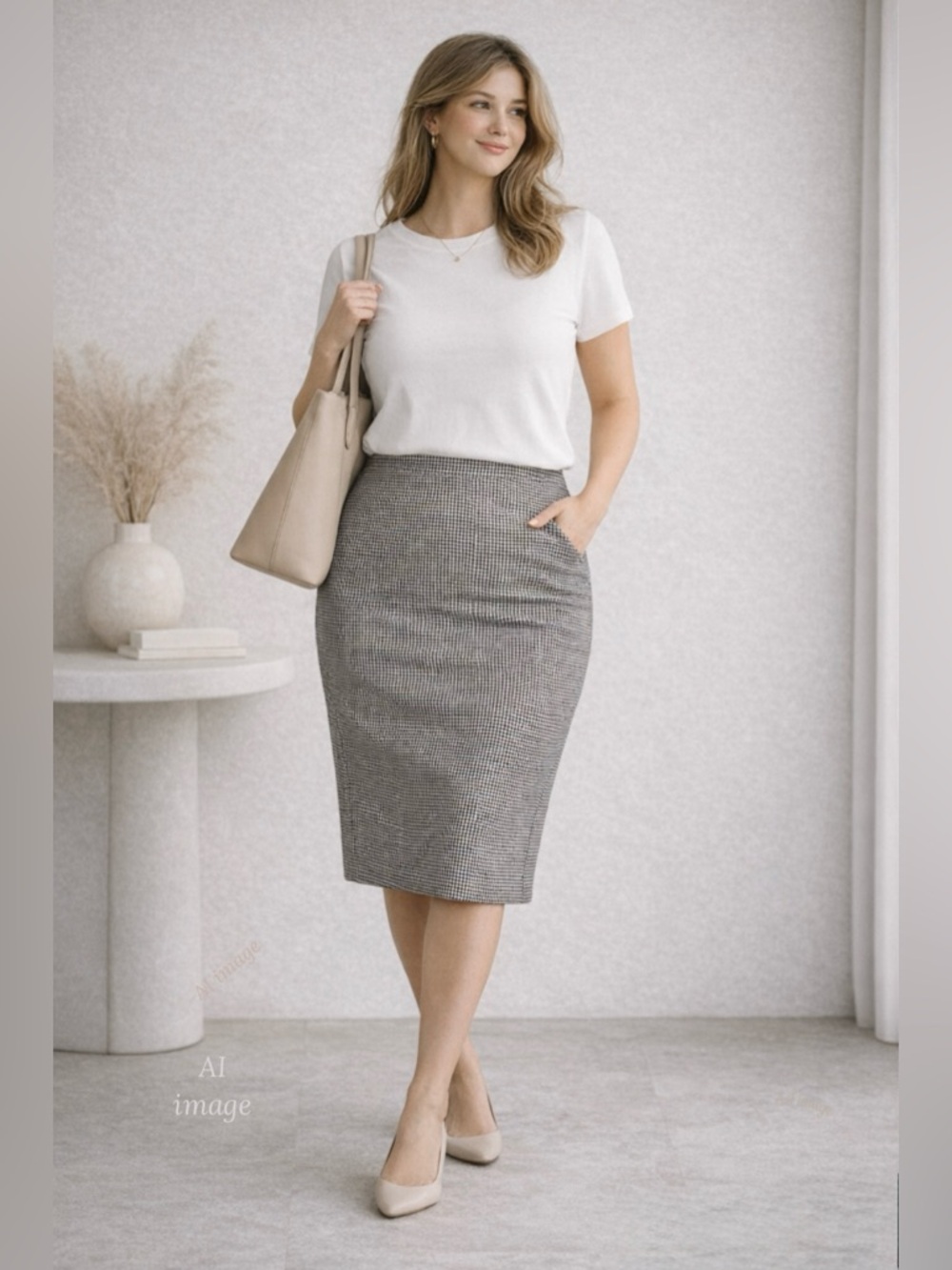 Vintage Micro Check Pencil Skirt Black White High Waist Stretch S/M